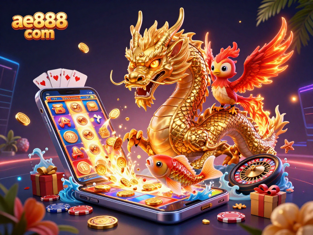 Engage with ae888 com featuring a golden dragon and vibrant casino elements in a lively scene.