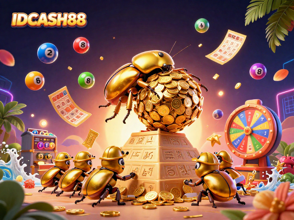 Experience the excitement of IDCASH88 with gold coins, vibrant lottery balls, and a festive casino atmosphere.