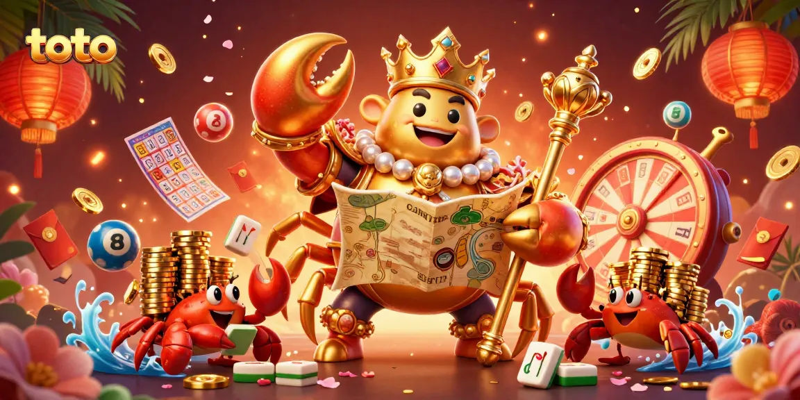 Engage with Toto lottery games, featuring a golden crab emperor, festive balls, and vibrant gaming elements.
