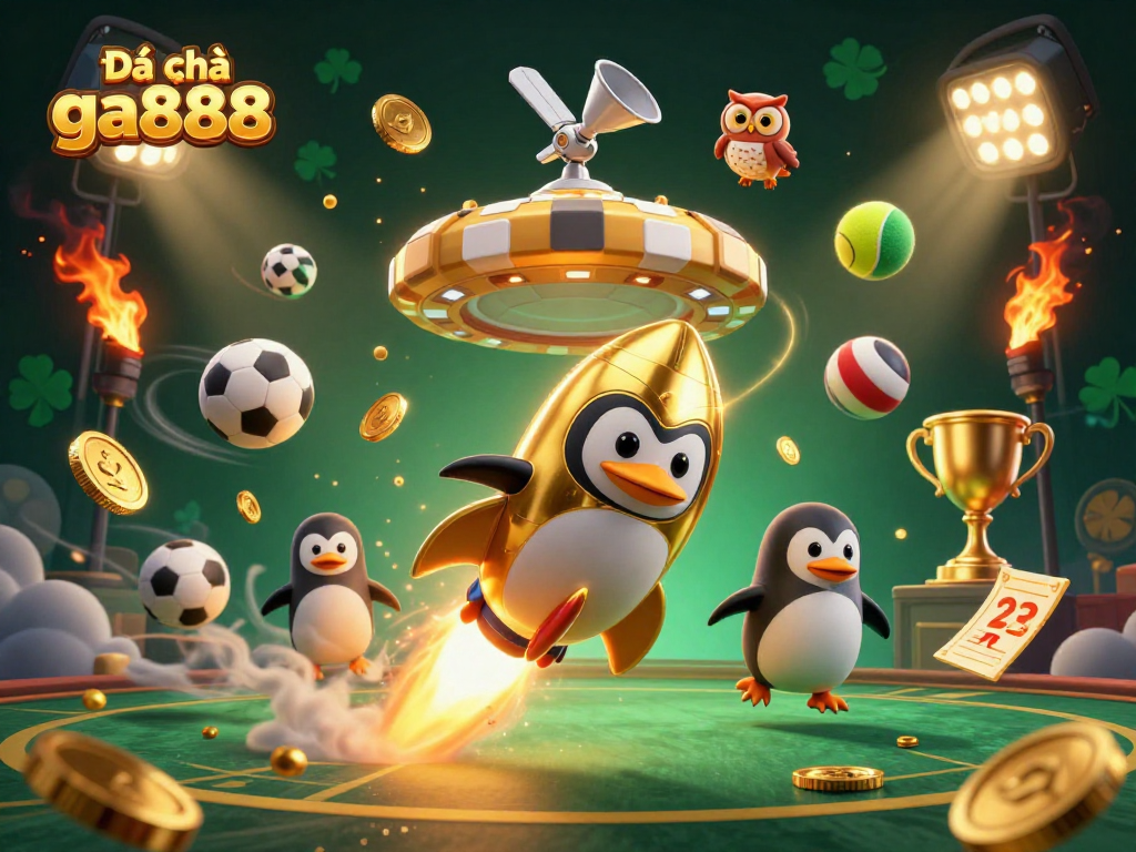 Engage in thrilling matches with Đá gà ga888 showcasing dynamic golden penguin and sports balls.