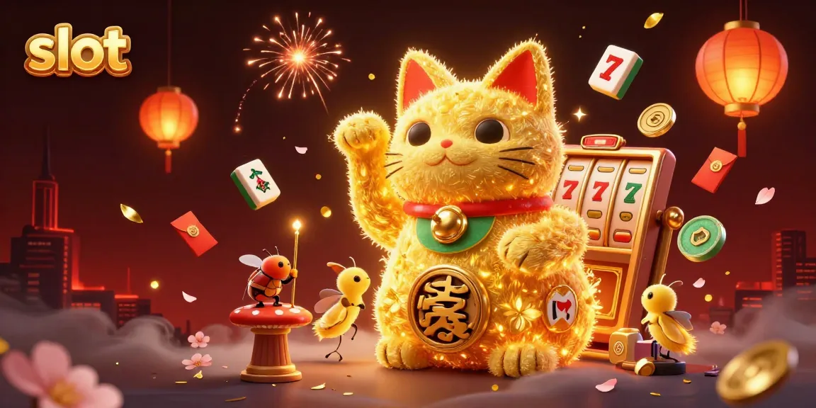 Experience thrilling slot gaming with a lucky cat surrounded by casino symbols in this vibrant scene.
