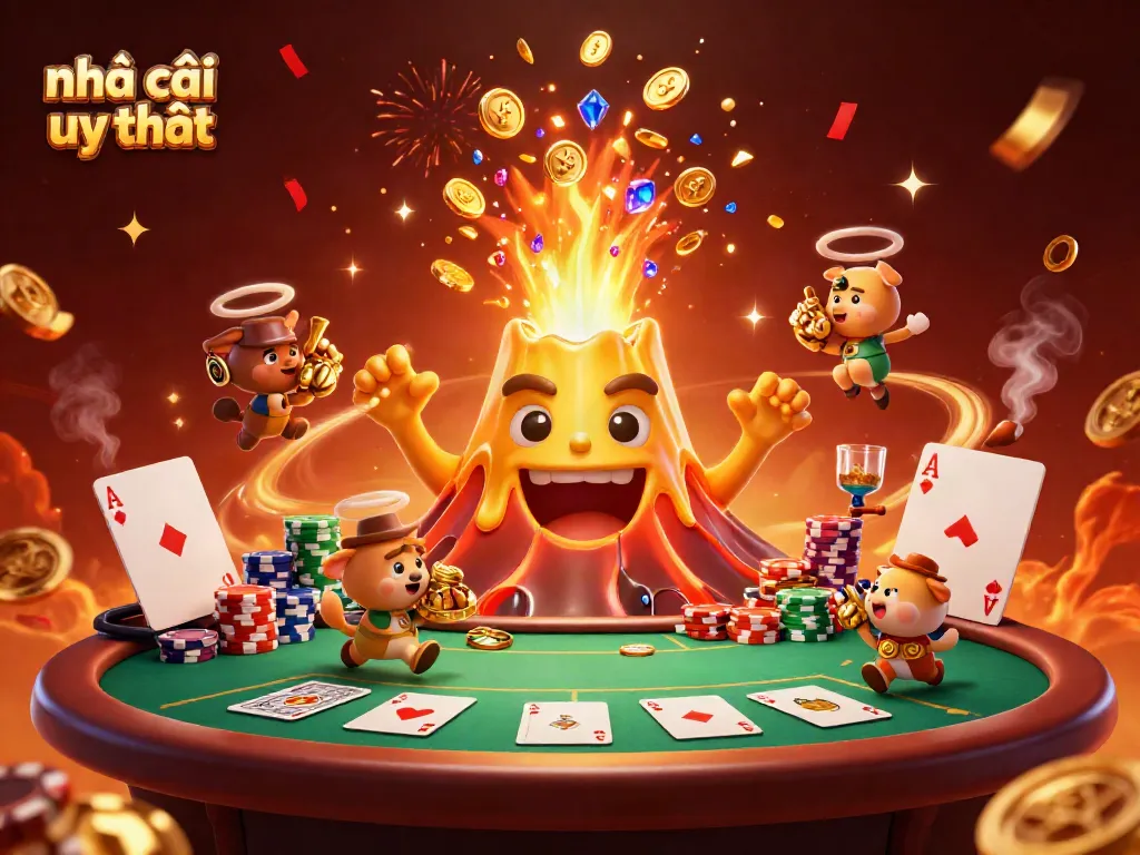 Witness the excitement of nhà cái uy tín with a golden volcano erupting coins and treasures amid a vibrant casino scene.