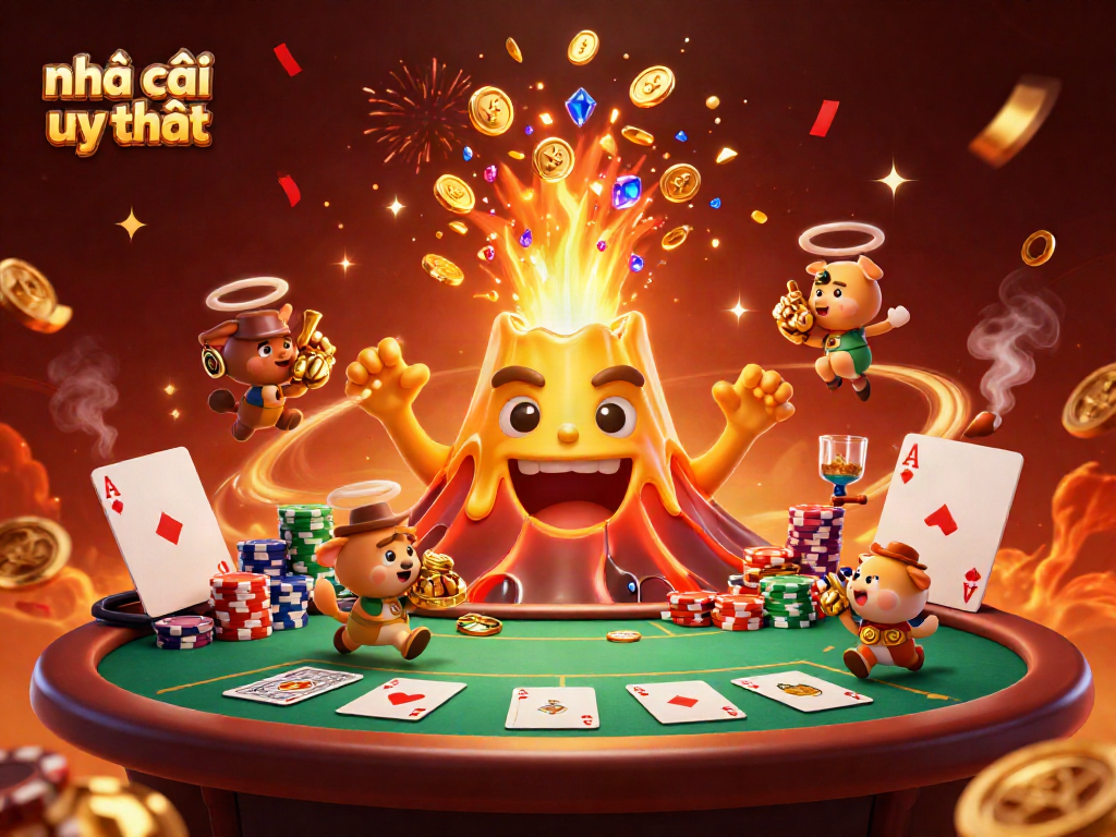 Witness the excitement of nhà cái uy tín with a golden volcano erupting coins and treasures amid a vibrant casino scene.