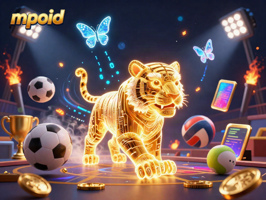Aktivitas taruhan di MPOID yang menunjukkan singa emas neon yang megah dan bola olahraga mengambang.