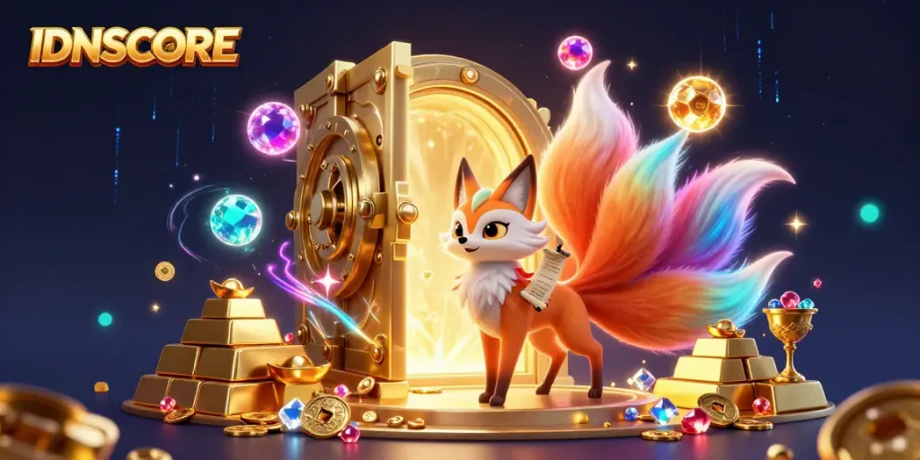 Experience the magic of IDNSCORE with glowing characters, treasure, and casino elements in a vibrant scene.