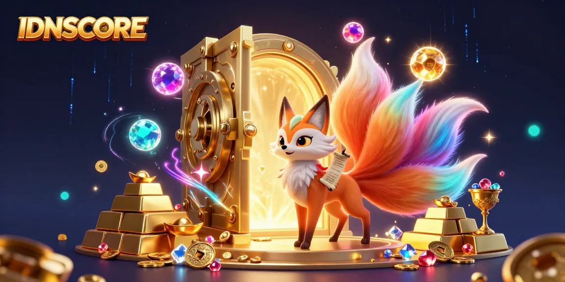 Experience the magic of IDNSCORE with glowing characters, treasure, and casino elements in a vibrant scene.