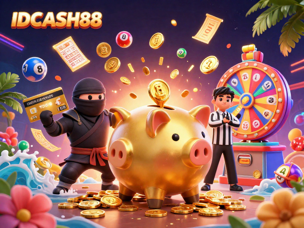 Experience IDCASH88's lively gaming atmosphere with a golden piggy bank sumo wrestler and vibrant lottery elements.