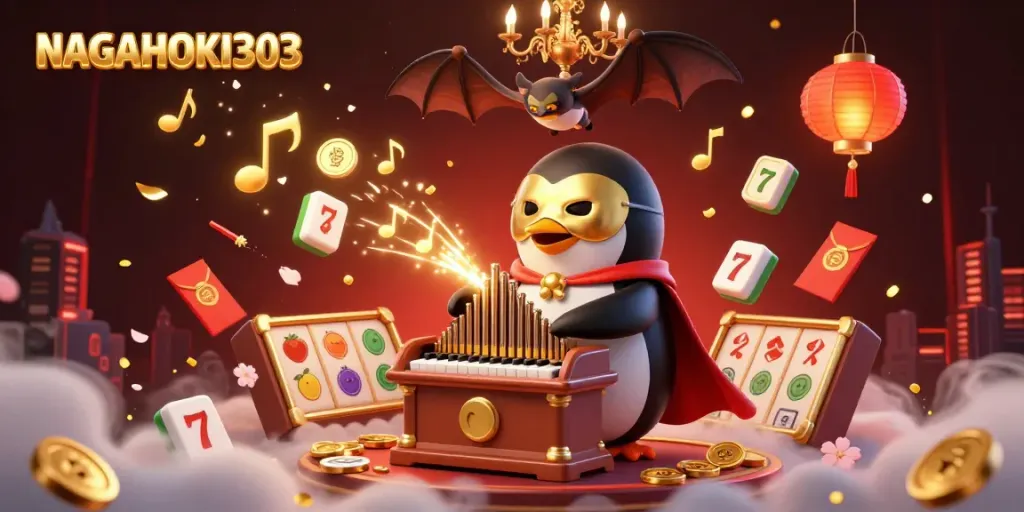 NAGAHOKI303 showcases a vibrant 3D scene with a phantom opera penguin and golden coins, enhancing gaming excitement.