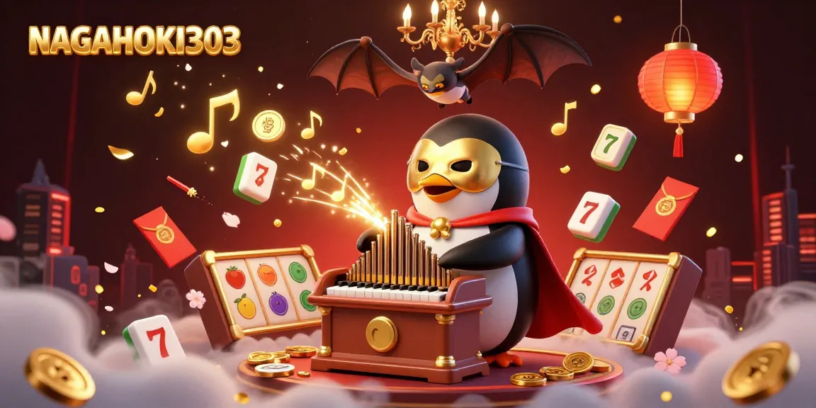 NAGAHOKI303 showcases a vibrant 3D scene with a phantom opera penguin and golden coins, enhancing gaming excitement.