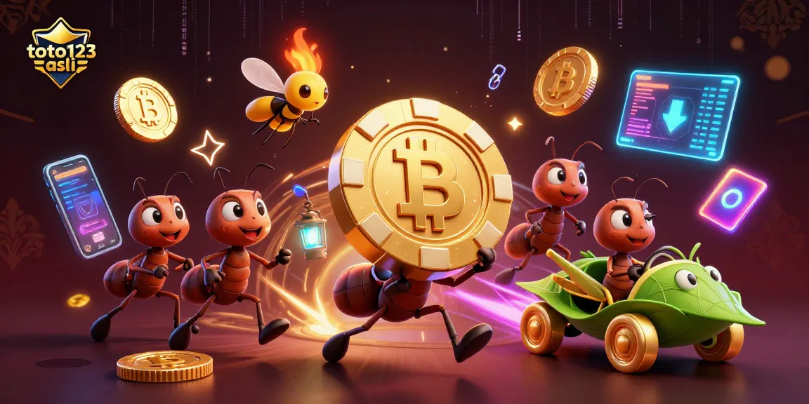 Experience thrilling action with toto123 asli in a vibrant 3D illustration featuring cartoon ants and crypto elements.