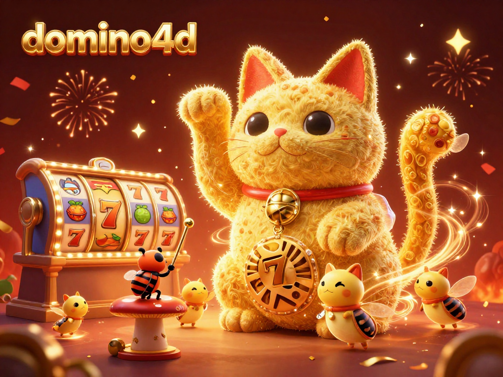 Menghadirkan domino4d, permainan slot menakjubkan dengan simbol keberuntungan dan koin emas berkilau.