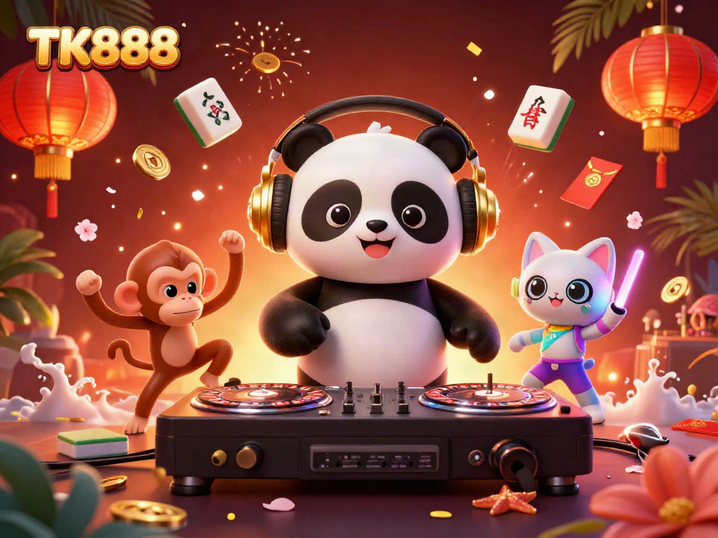 Experience the vibrant energy of TK888 with a DJ panda and lively casino-themed elements.