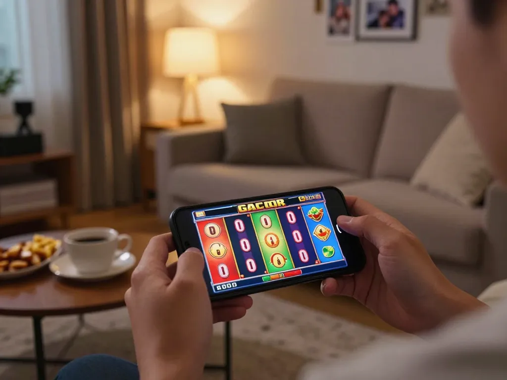 Engaging in an online slot gacor game, showcasing excitement with mobile interface and lively home atmosphere.