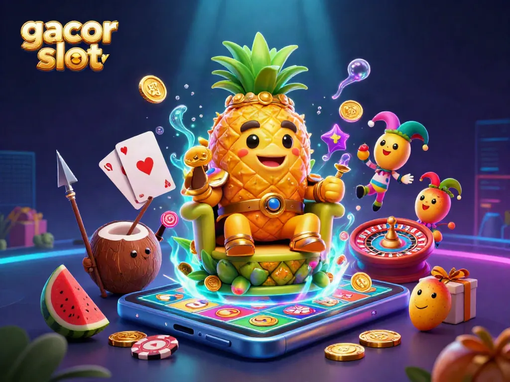 Engage with gacor slot today, featuring a golden pineapple king and vibrant casino elements for thrilling gameplay.