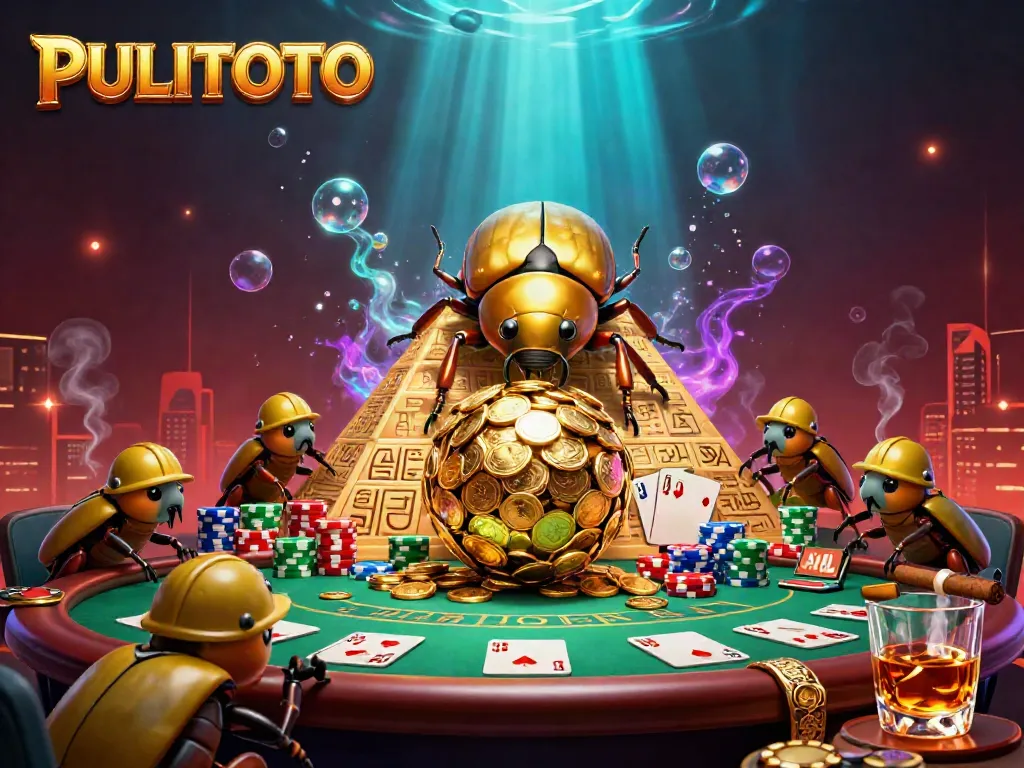 PULITOTO showcases a vibrant 3D casino scene with golden beetles rolling coins and poker elements.