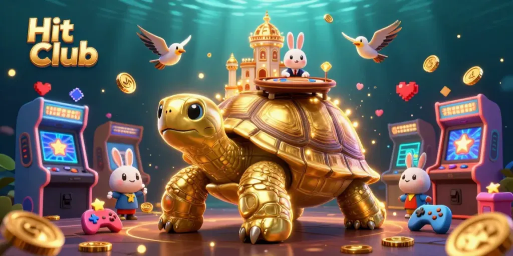 Win big at Hit Club with a lively casino scene featuring animated characters and bright gaming elements.