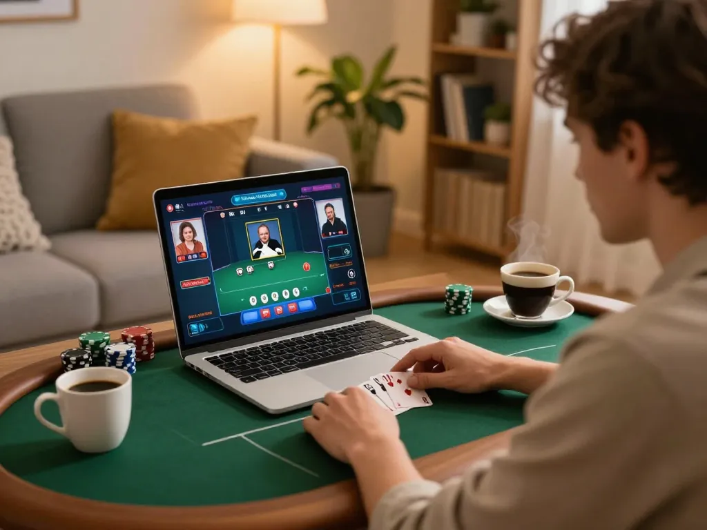 forsythsundownerinn: Engaging online poker gameplay on a laptop in a cozy home setting, highlighting strategic decision-making.