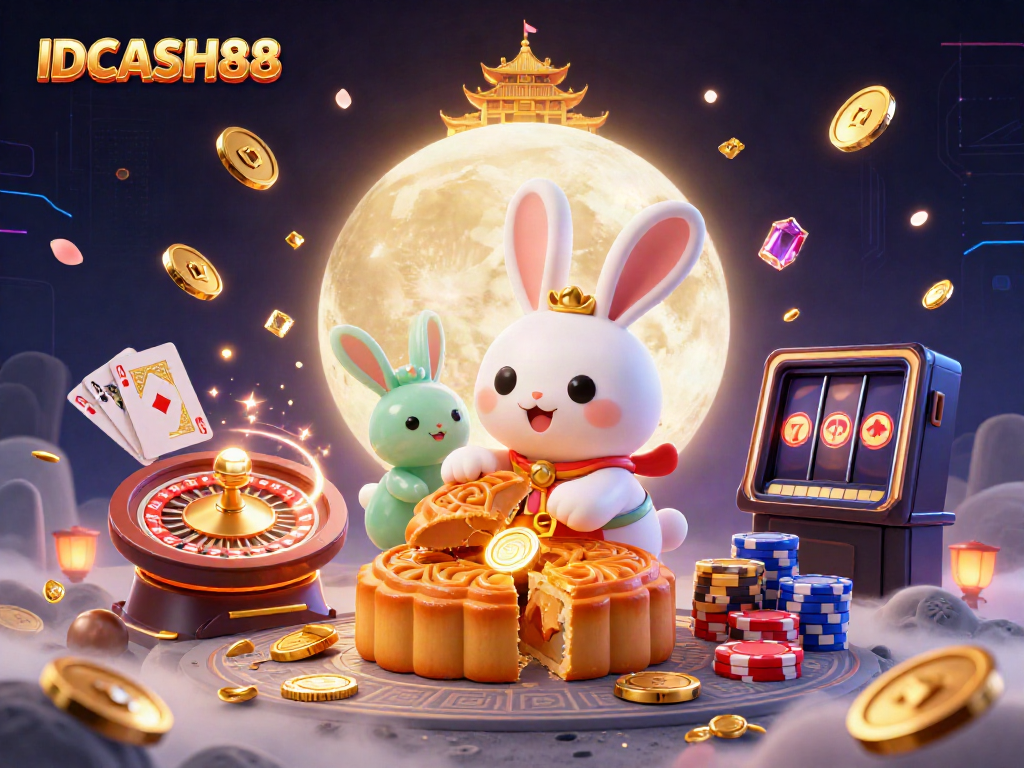 Experience the excitement of IDCASH88 with a vibrant 3D illustration, showcasing casino elements and a whimsical lunar scene.