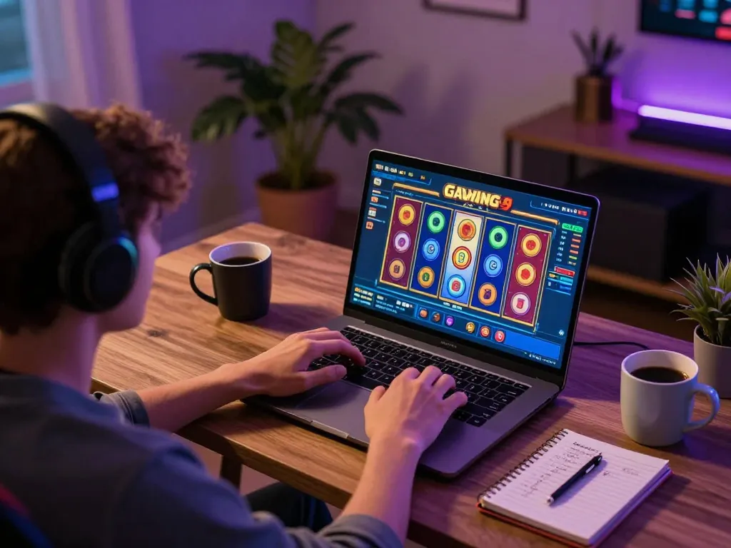 Engaging with gawang69 online slots, a player shows strategy and excitement in a stylish home workspace.