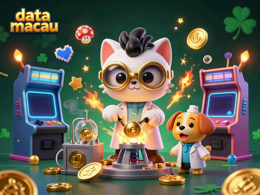 Experience gaming excitement with data macau's dynamic 3D illustration of a mad scientist cat and gold-coin magic.