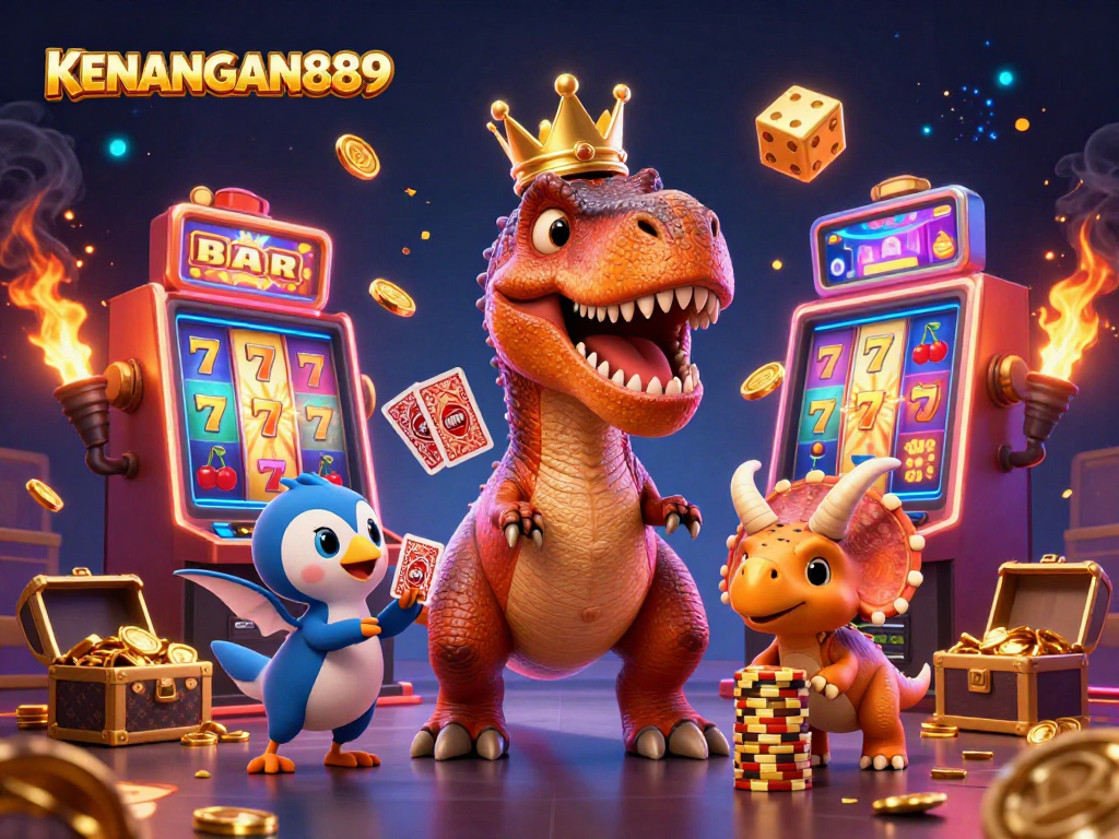 Experience thrilling gameplay with KENANGAN889 featuring a fun dinosaur casino scene full of vibrant action.