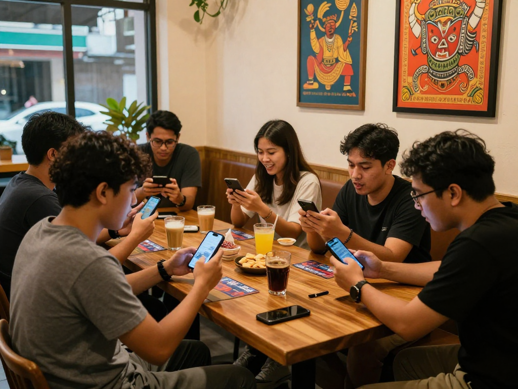 Teman-teman sedang bermain ratutogel sambil berkumpul di kafe yang nyaman.