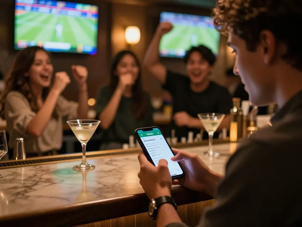 Engaging in sports betting with the fabet app in a lively bar atmosphere.
