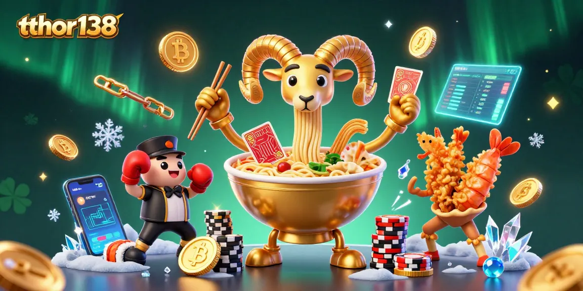Thor138 menghadirkan keseruan judi dengan ramen kartun emas dan elemen kripto mengelilingi gambar.