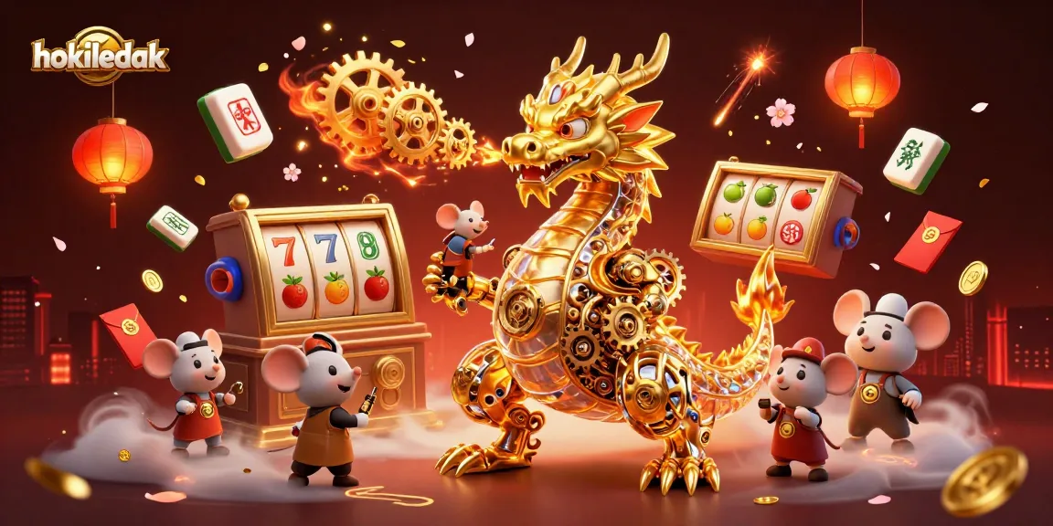Play slots with hokiledak, showcasing a vibrant dragon and dynamic game elements.