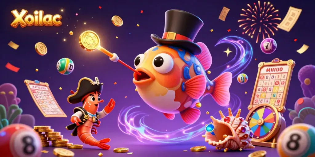 Xoilac brings excitement as a deep-sea anglerfish attracts coins in a vibrant casino scene.
