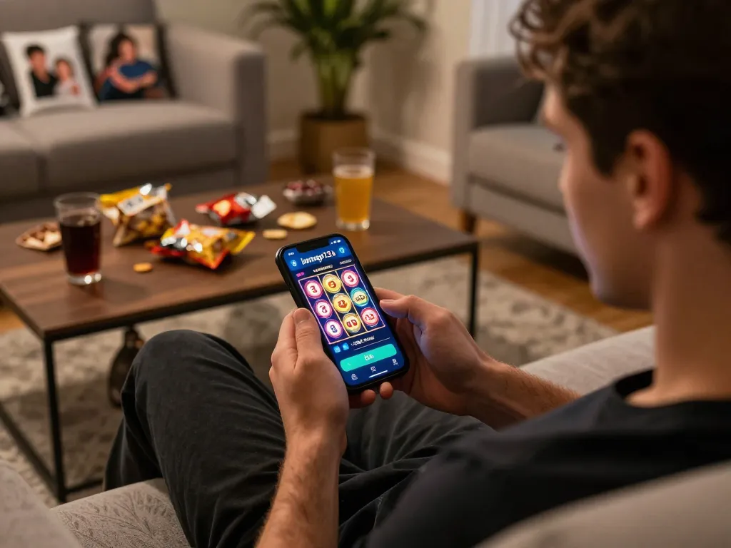 Gamblers actively engaging with jokerapp123a mobile app while relaxing at home, showcasing slot gameplay.