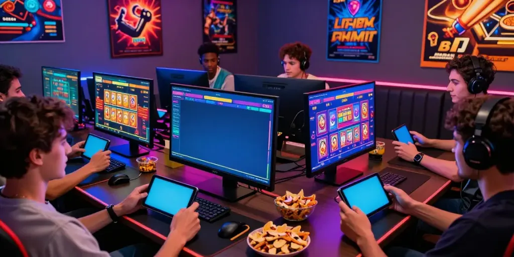 Group enjoying 2up casino games on a vibrant gaming setup.