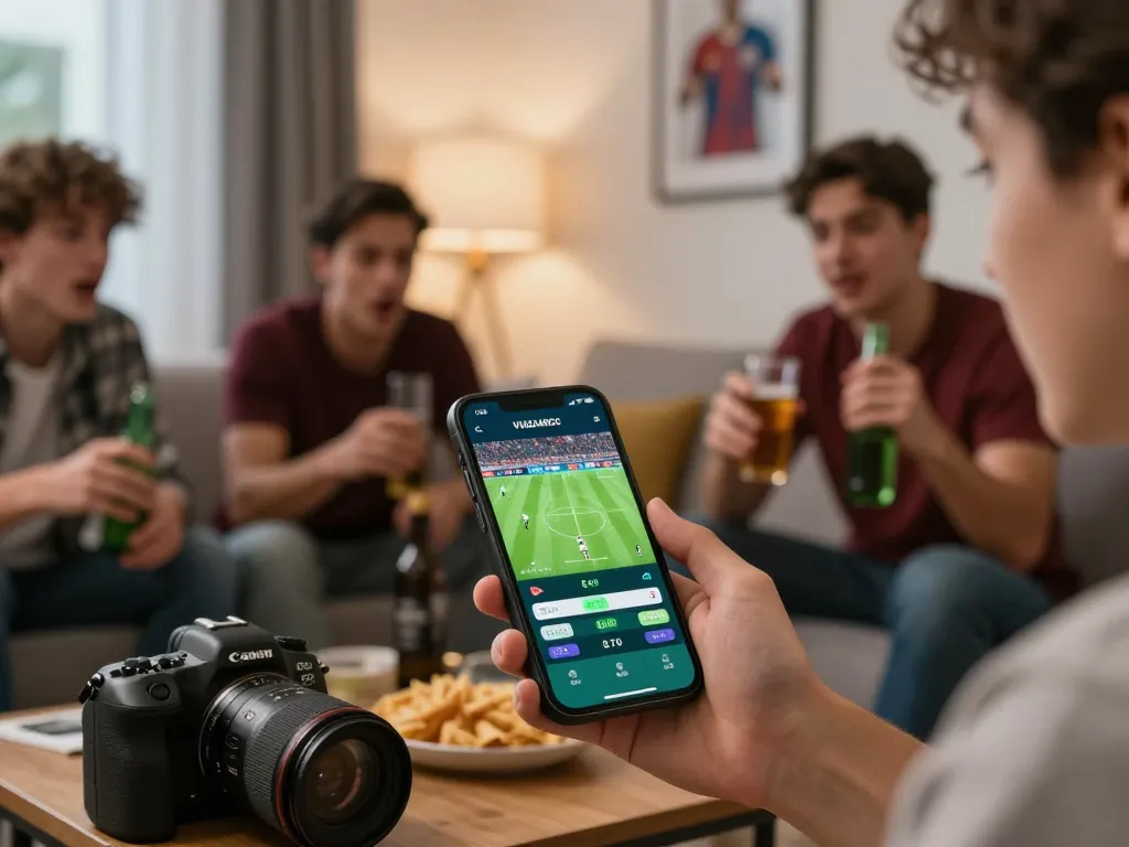 Fans using VUASANCO app for live sports betting while watching the game.