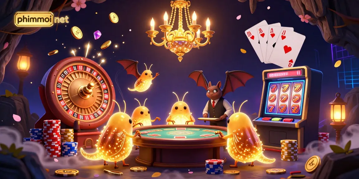 Join the excitement at phimmoi net with a vibrant casino scene illuminated by glowworms, featuring dynamic game elements.