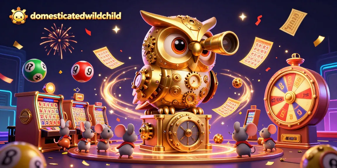 Gambarkan domesticatedwildchild dalam aksi menarik di kasino dengan mesin slot dan bola lotere berwarna.