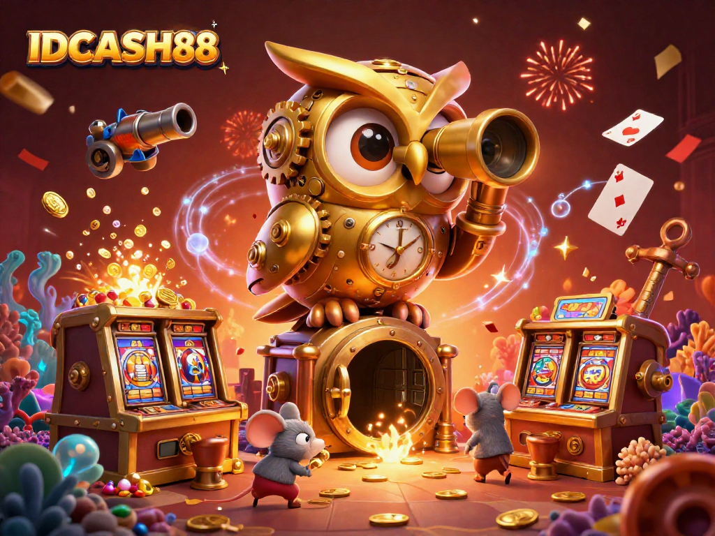 Experience the thrill with IDCASH88's colorful casino adventure featuring a golden owl and tiny mice.
