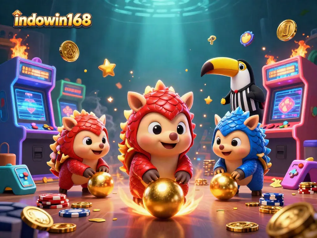 Engage with the action-packed scene of indowin168 featuring rival pangolins competing amidst casino themes and arcade excitement.