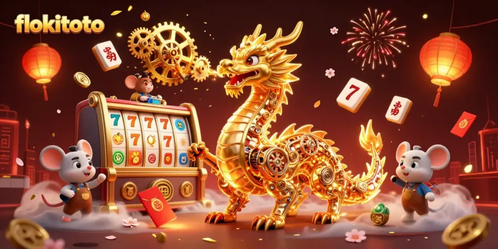 Experience the thrill of playing slots at flokitoto with our vibrant casino-themed illustration.