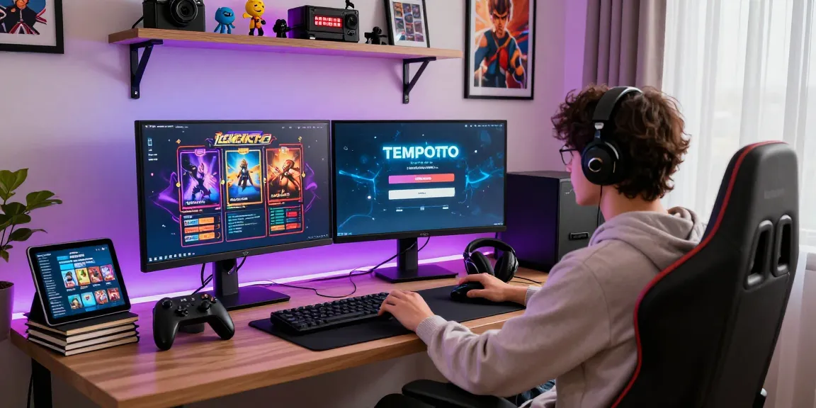 Engaging home gaming setup illustrating tempototo login interface amidst vibrant gaming atmosphere