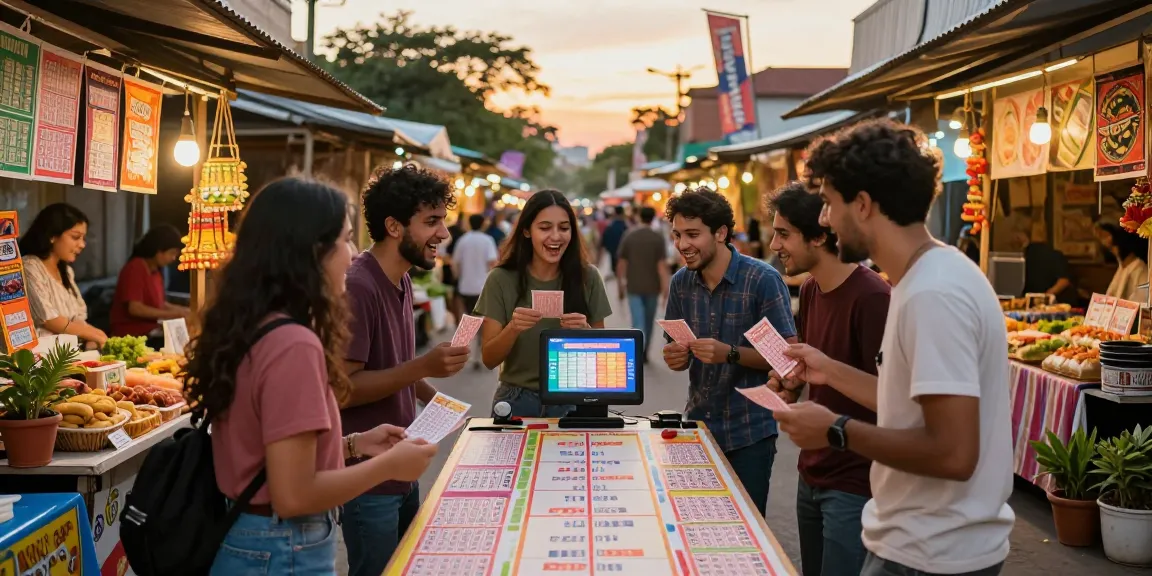 Situasi bahagia di pasar malam dengan permainan ratutogel, teman-teman berdiskusi sambil memegang tiket.