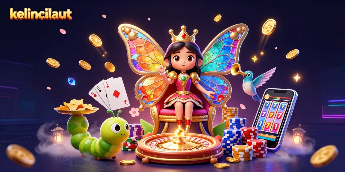Engage with kelincilaut’s dynamic casino scene featuring a butterfly queen amidst golden coins and vibrant game elements.