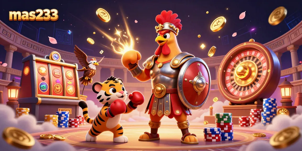 Gambaran menarik dari mas233, dengan ayam jantan prajurit di arena, simbol slot, dan koin emas.