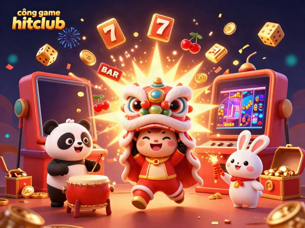 Experience the excitement at cổng game hitclub with a vibrant scene depicting a lion dance, drumming panda, and engaging slot machine action.