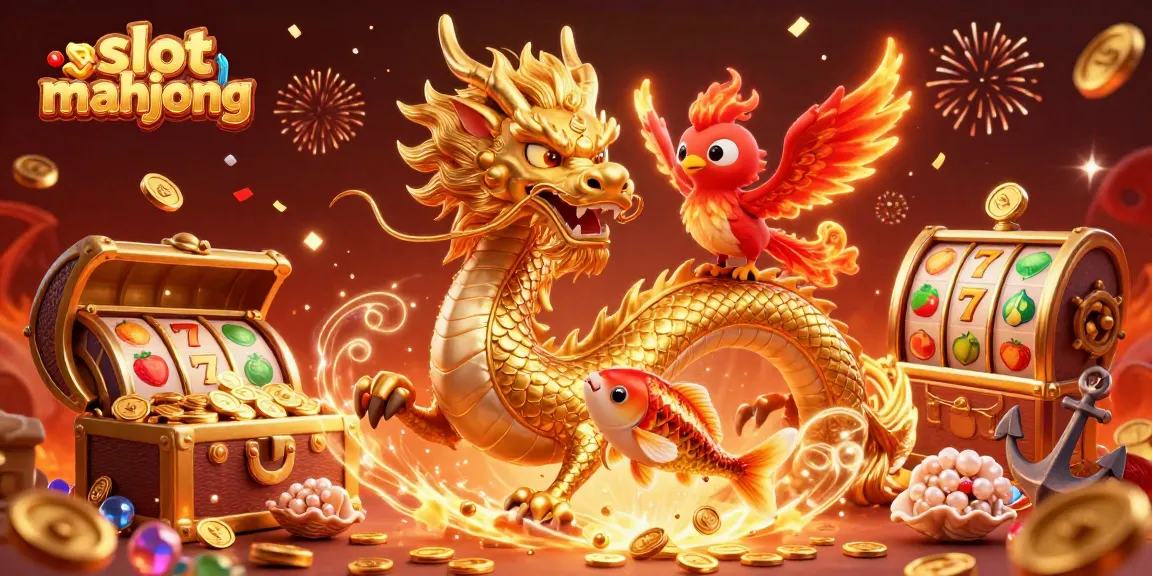 Menggunakan slot mahjong, ilustrasi 3D menarik dari naga Cina, phoenix, dan ikan koi melompat dengan koin berkilau.