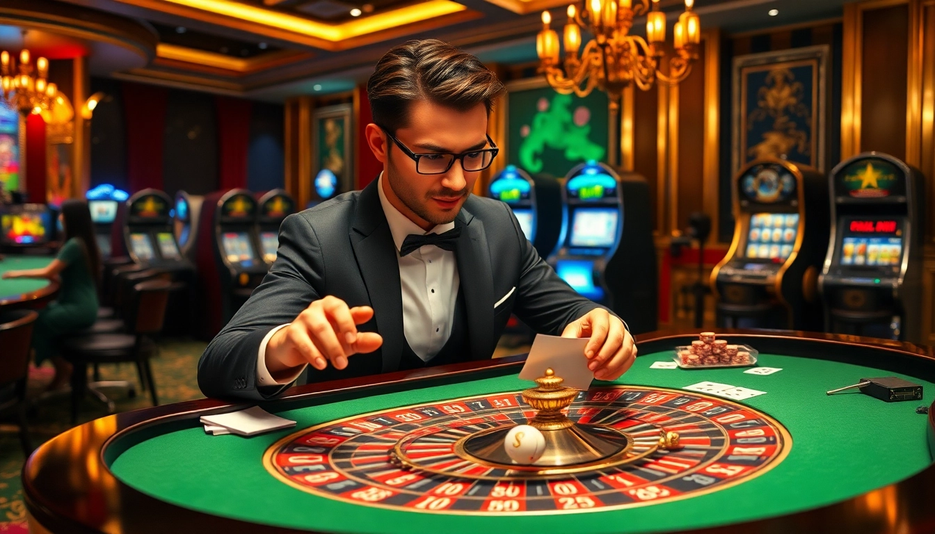 Kết quả xổ số excitement at a casino roulette table with a professional player analyzing lottery results.
