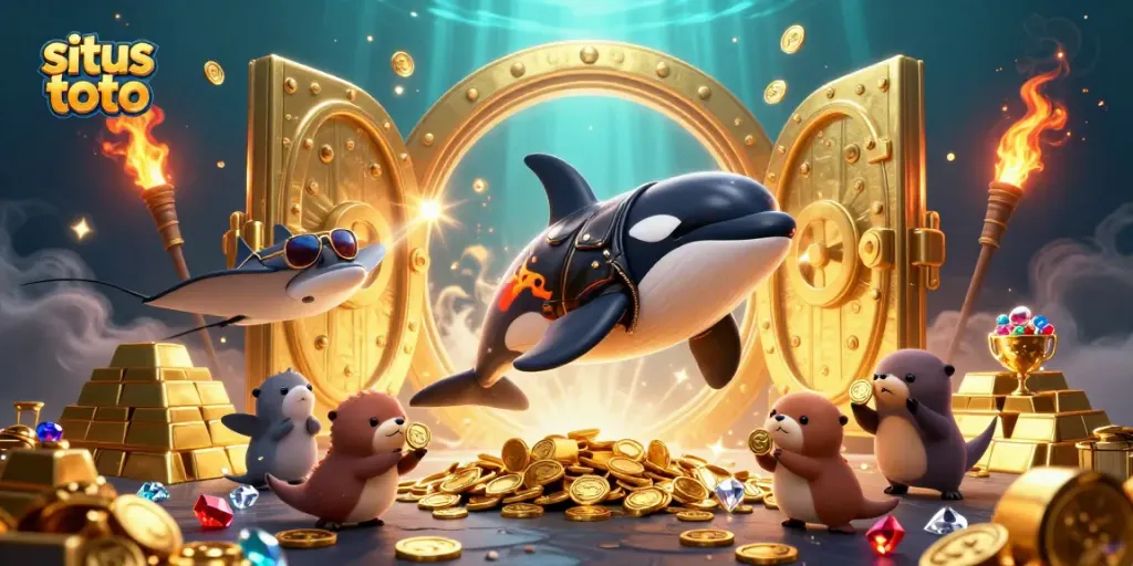 Experience exciting situs toto action with cartoon characters celebrating treasure and fun.