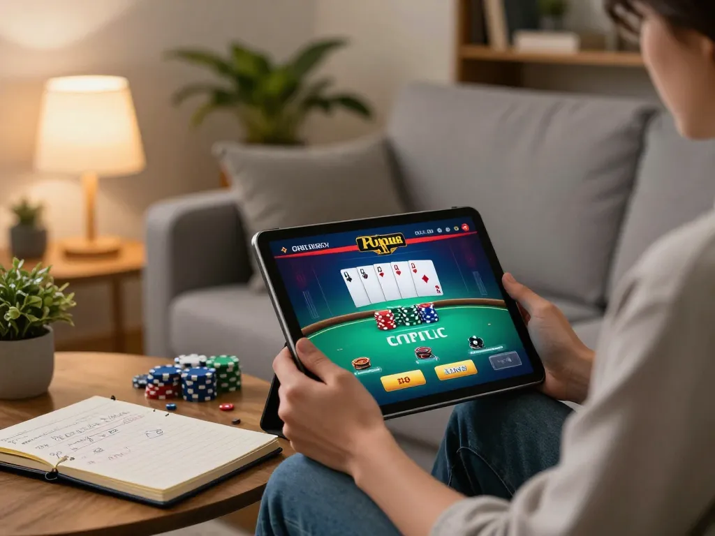 Tham gia chơi bài poker trực tuyến với giao diện Link 12bet trên máy tính bảng trong một phòng khách ấm cúng.