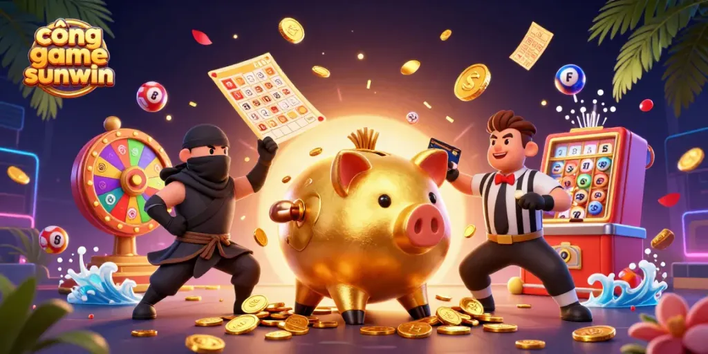Engage with the cổng game sunwin's exciting realm of fun through a vibrant and energetic scene filled with gaming elements.