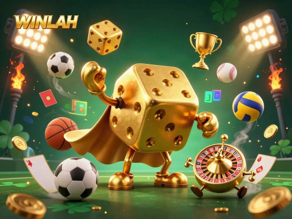 Experience the thrill of WINLAH with a dynamic scene of playful casino characters and sports elements.