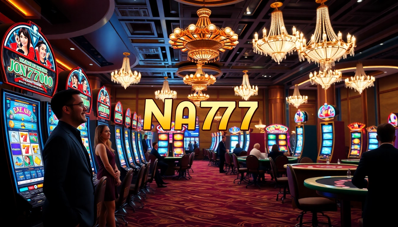 Experience the thrill of the Na777 slot game with vibrant slot machines and lively gamblers.